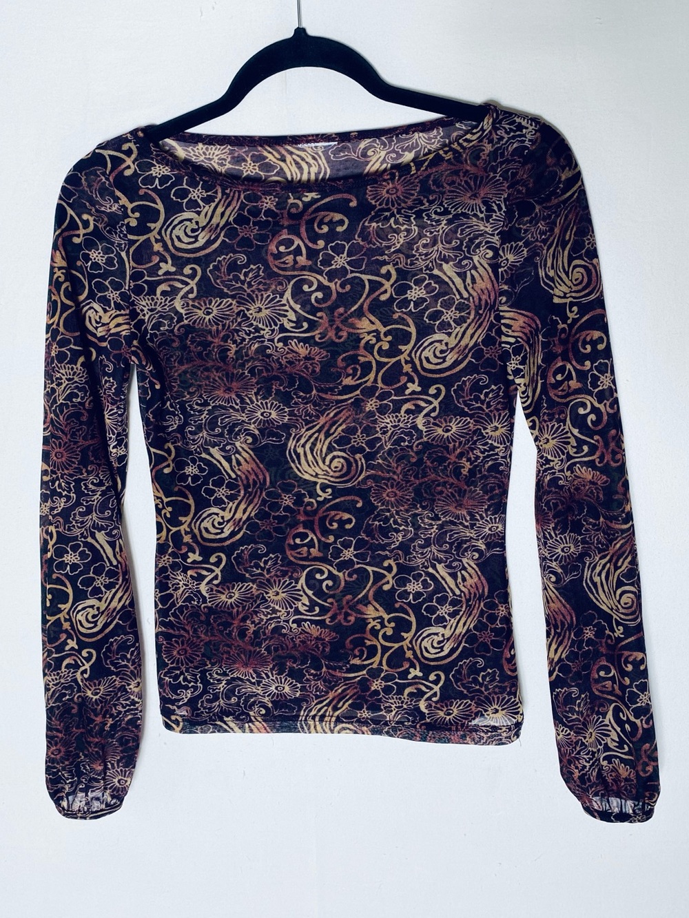 Vintage Y2K Sheer Mesh Paisley Floral Print Long Sleeve Top Blouse S Whimsigoth